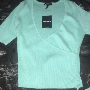 Turquoise ribbed wrap top